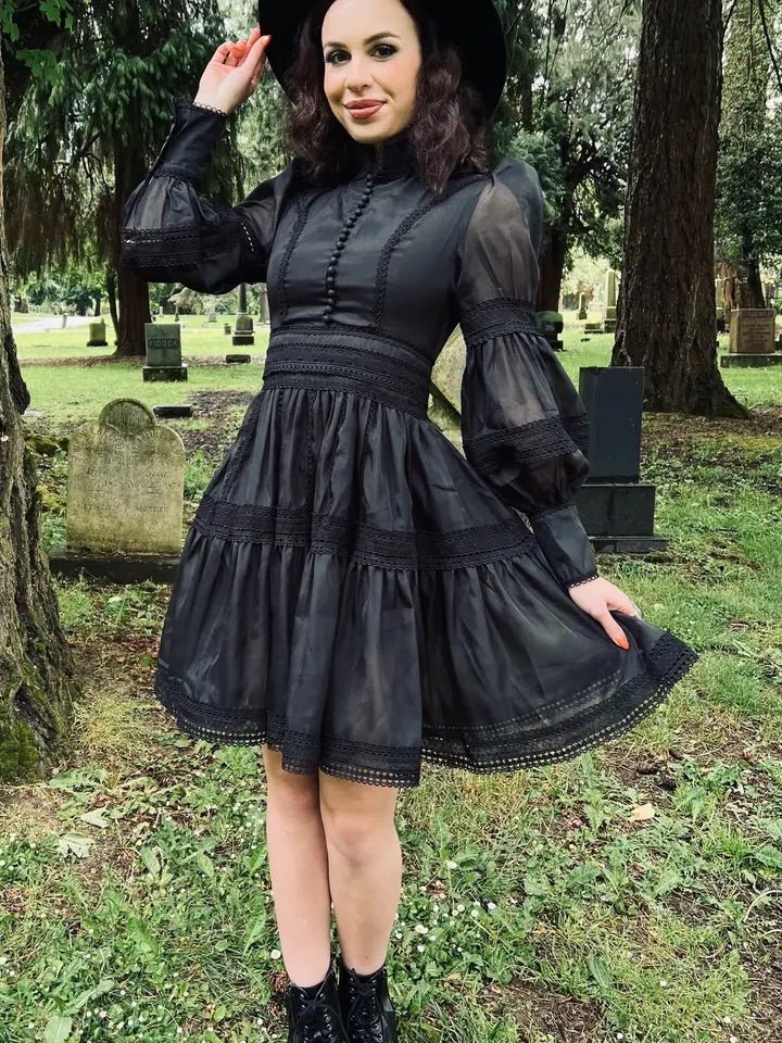 Black Sheer Long Sleeve Swing Dress - Unique Vintage - Womens, DRESSES, FIT AND FLARE