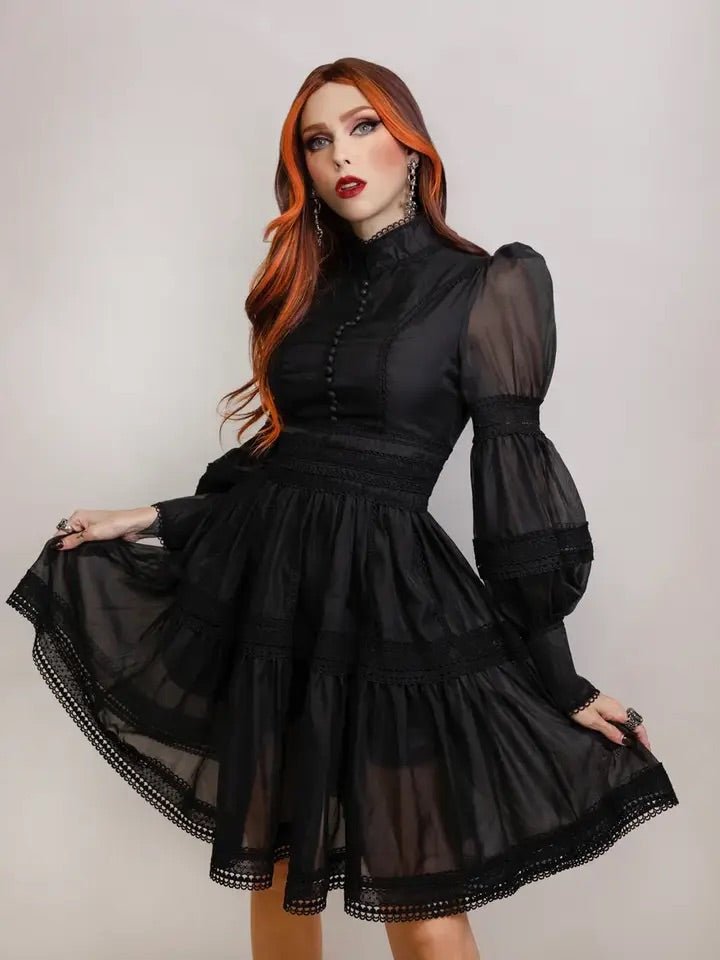 Black Sheer Long Sleeve Swing Dress - Unique Vintage - Womens, DRESSES, FIT AND FLARE