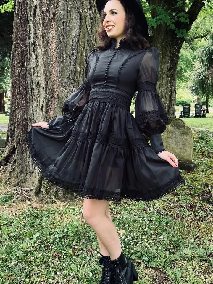 Black Sheer Long Sleeve Swing Dress - Unique Vintage - Womens, DRESSES, FIT AND FLARE