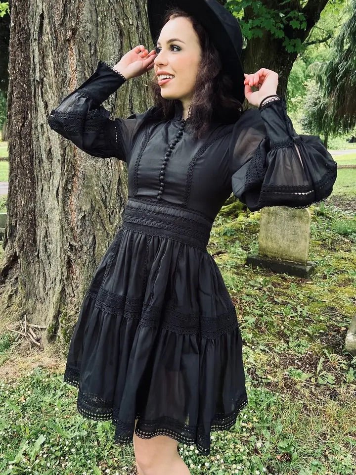 Black Sheer Long Sleeve Swing Dress - Unique Vintage - Womens, DRESSES, FIT AND FLARE