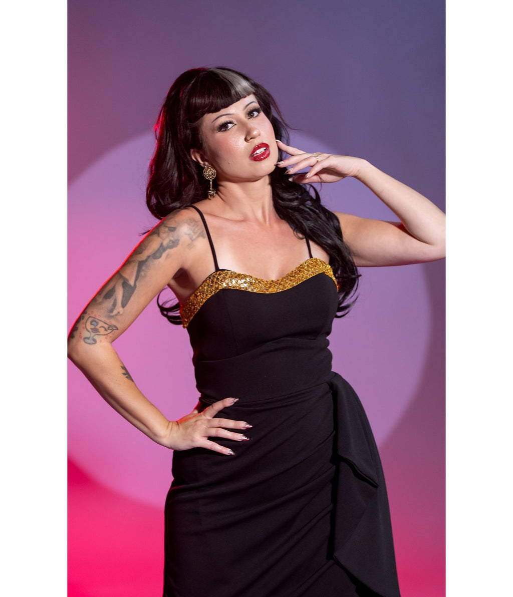 Black Shimmering Sarong Pencil Dress - Unique Vintage - Womens, DRESSES, A - LINE