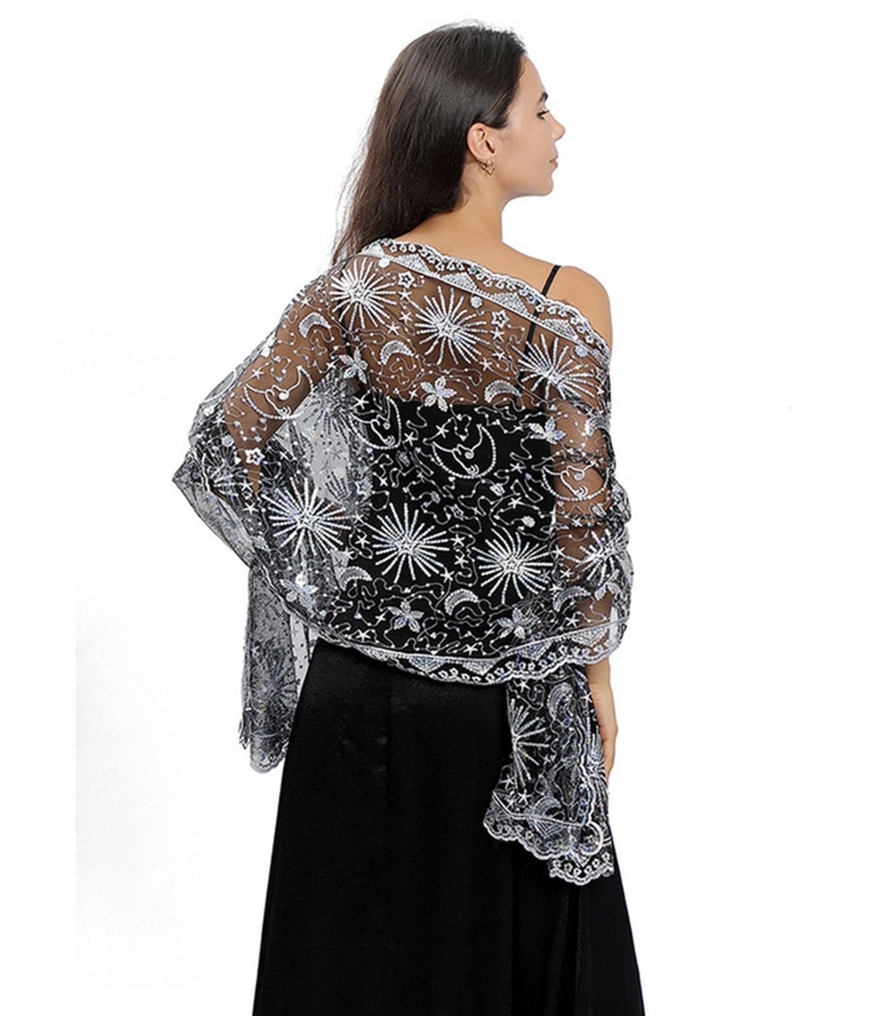 Black & Silver Stars & Moon Embroidered Shawl - Unique Vintage - Womens, ACCESSORIES, GIFTS/HOME