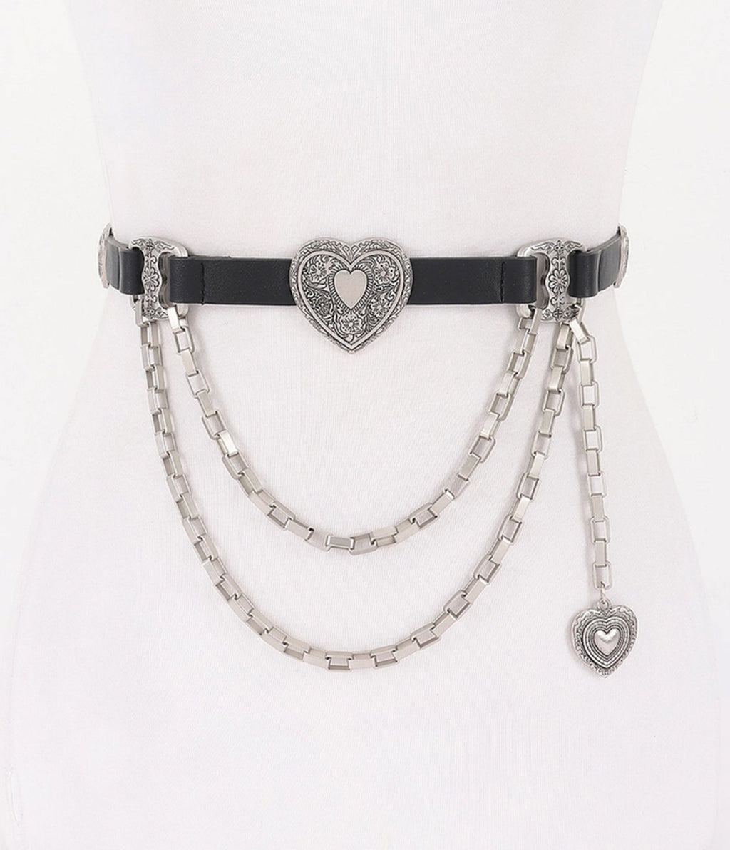 Black & Silver Tone Heart Faux Leather Belt - Unique Vintage - Womens, ACCESSORIES, BELTS