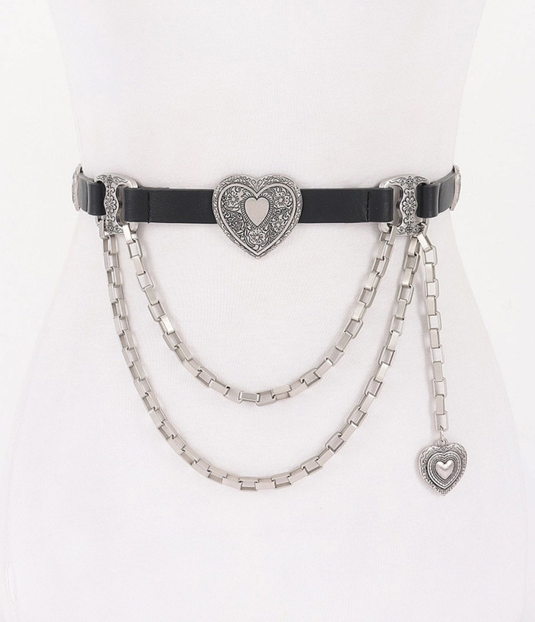 Black & Silver Tone Heart Faux Leather Belt - Unique Vintage - Womens, ACCESSORIES, BELTS