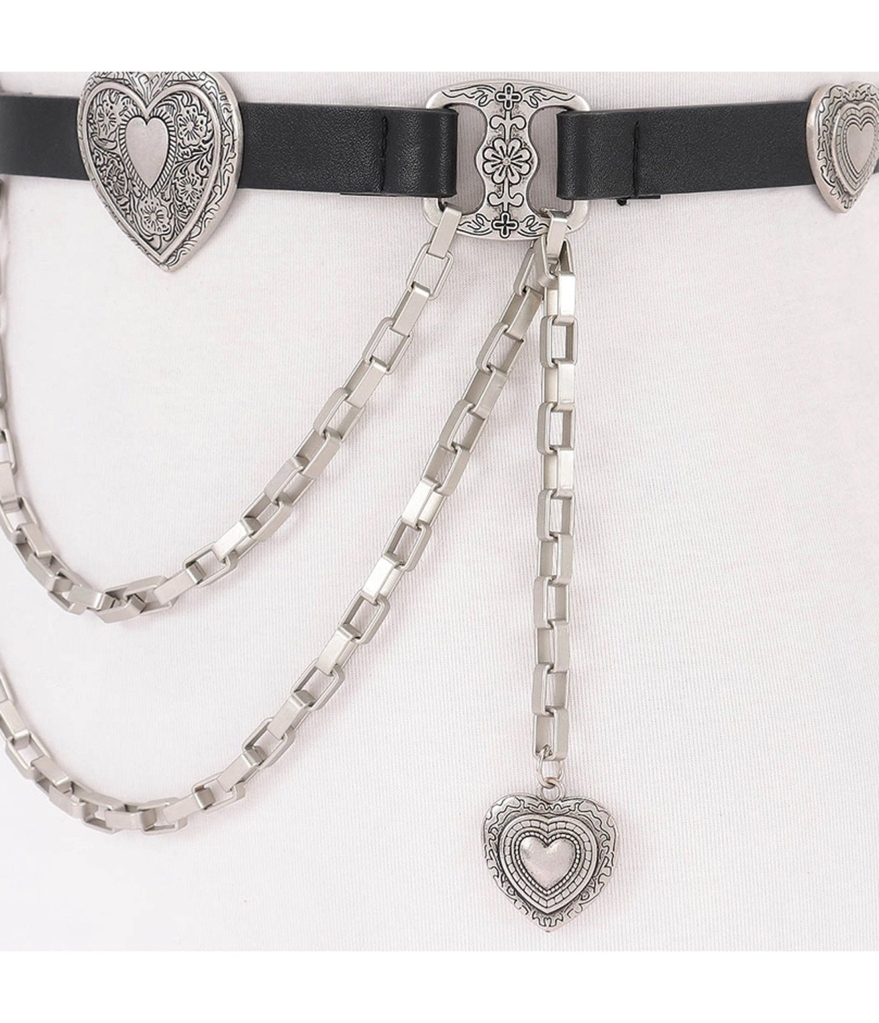 Black & Silver Tone Heart Faux Leather Belt - Unique Vintage - Womens, ACCESSORIES, BELTS