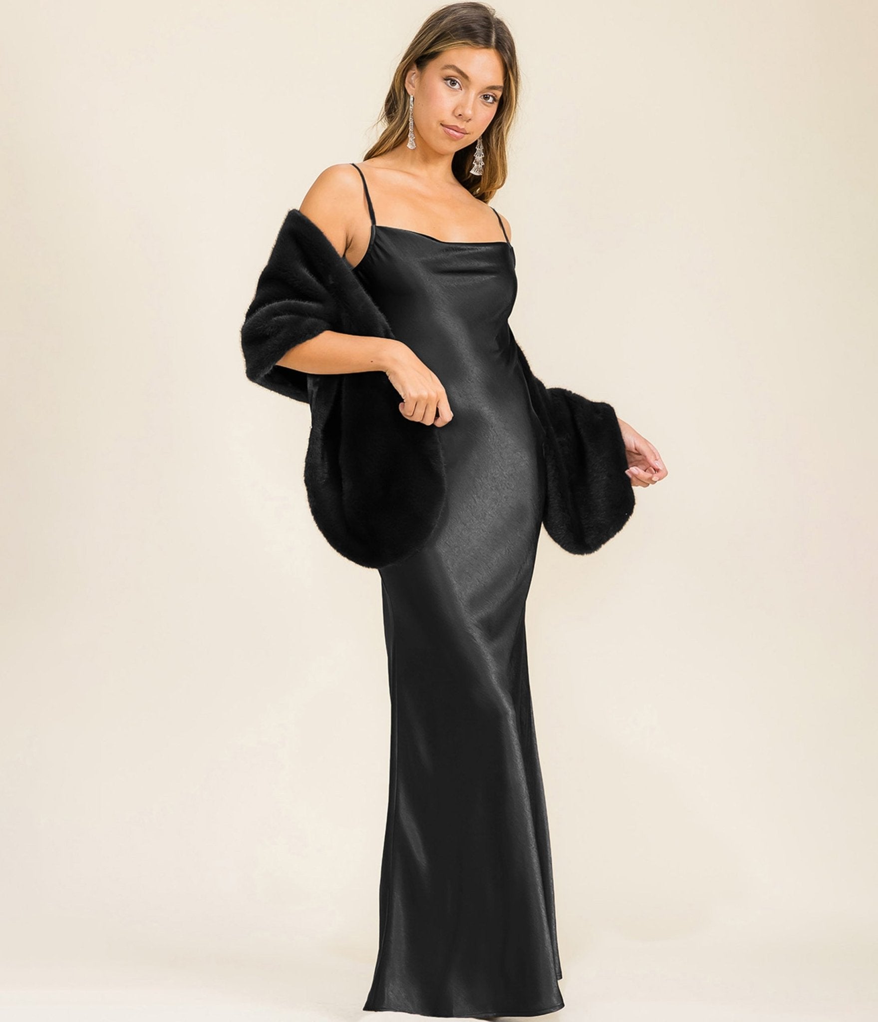 Black Slip Maxi Dress & Faux Fur Shrug - Unique Vintage - Womens, DRESSES, MAXI