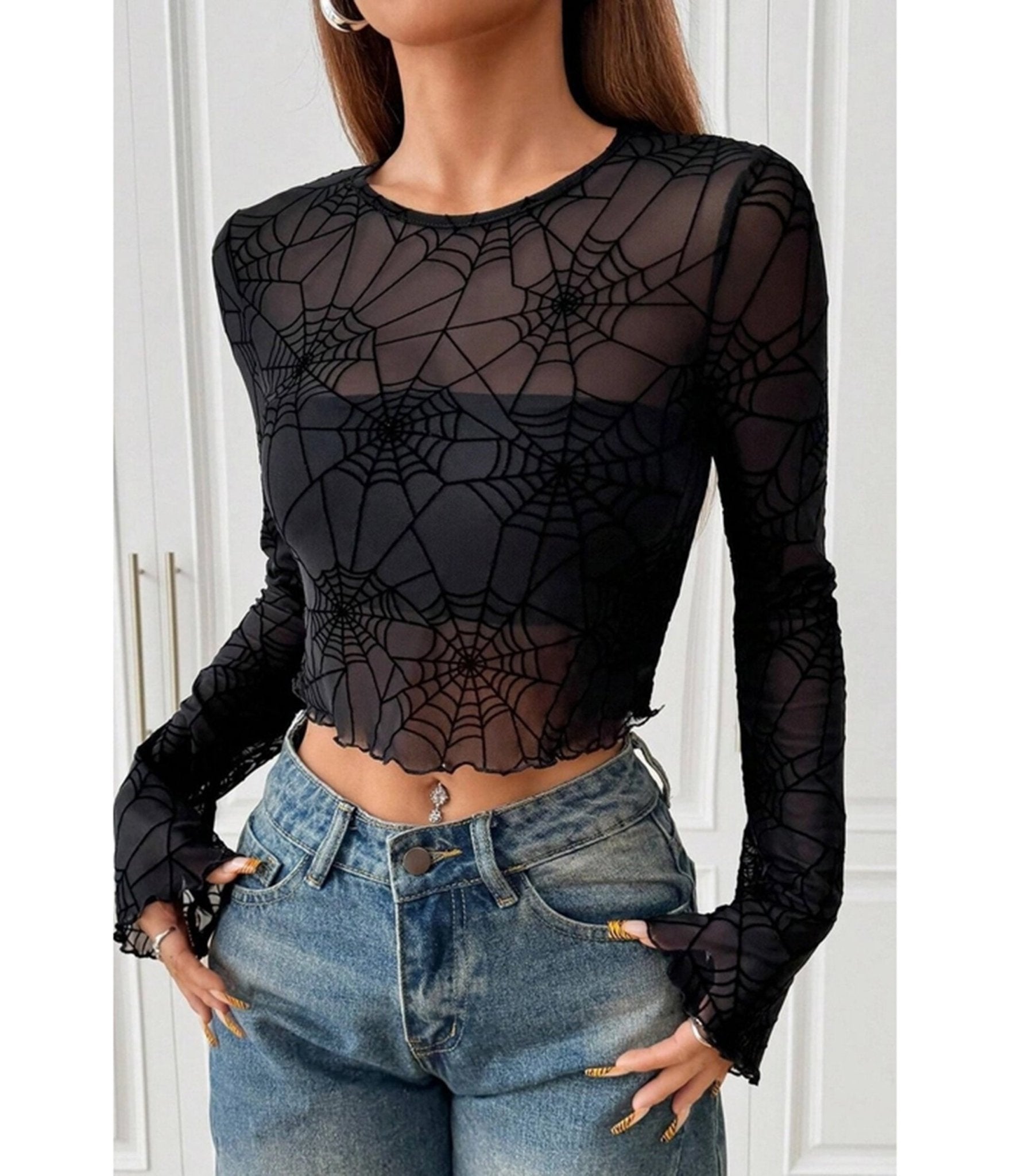 Black Spider Web Mesh Crop Top - Unique Vintage - Womens, TOPS, WOVEN TOPS