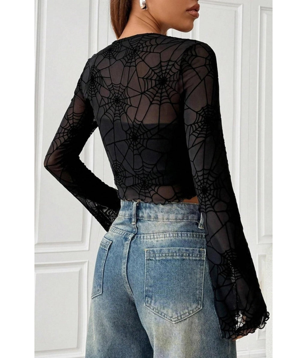 Black Spider Web Mesh Crop Top - Unique Vintage - Womens, TOPS, WOVEN TOPS