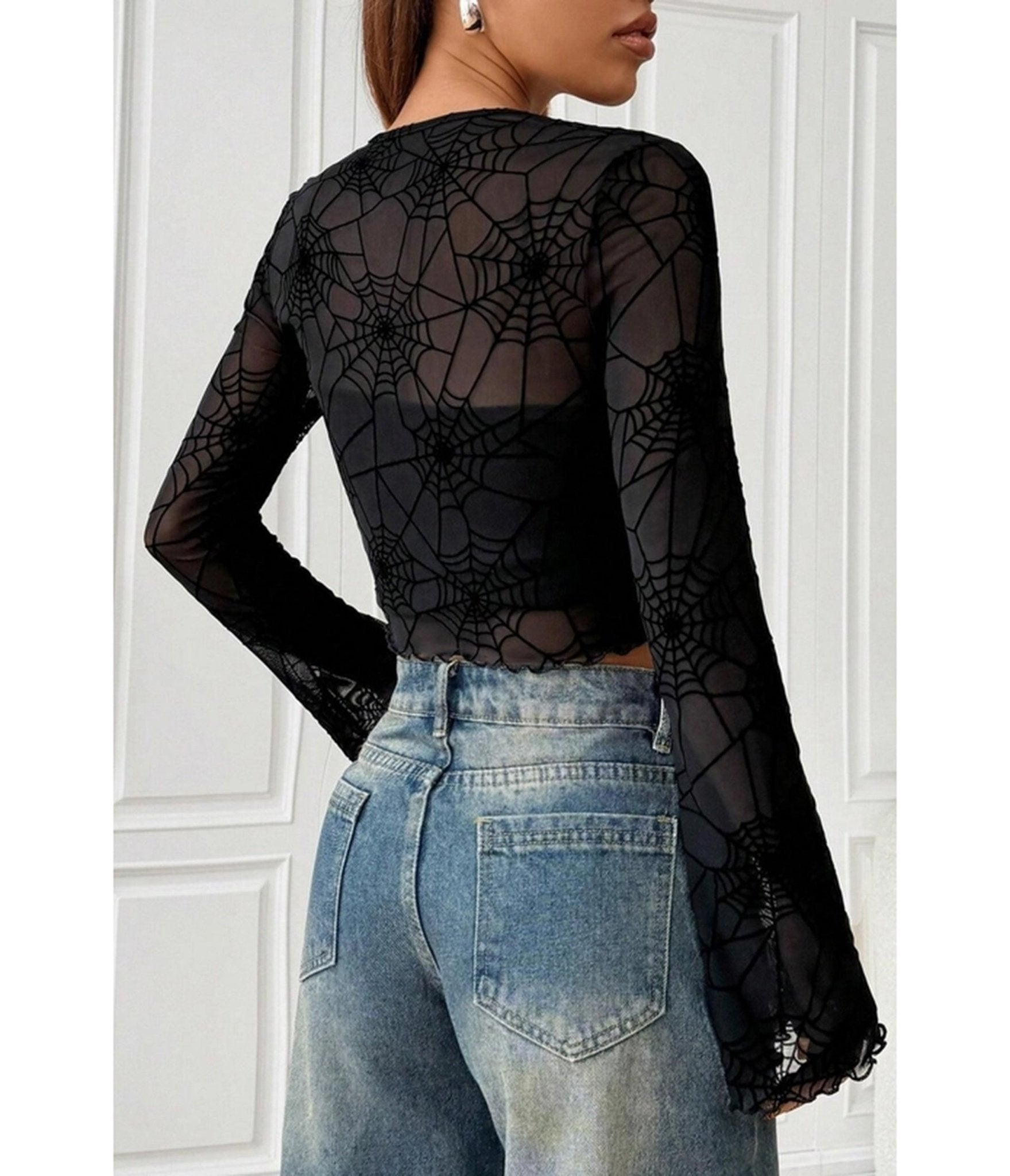 Black Spider Web Mesh Crop Top - Unique Vintage - Womens, TOPS, WOVEN TOPS