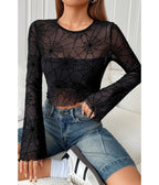 Black Spider Web Mesh Crop Top - Unique Vintage - Womens, TOPS, WOVEN TOPS