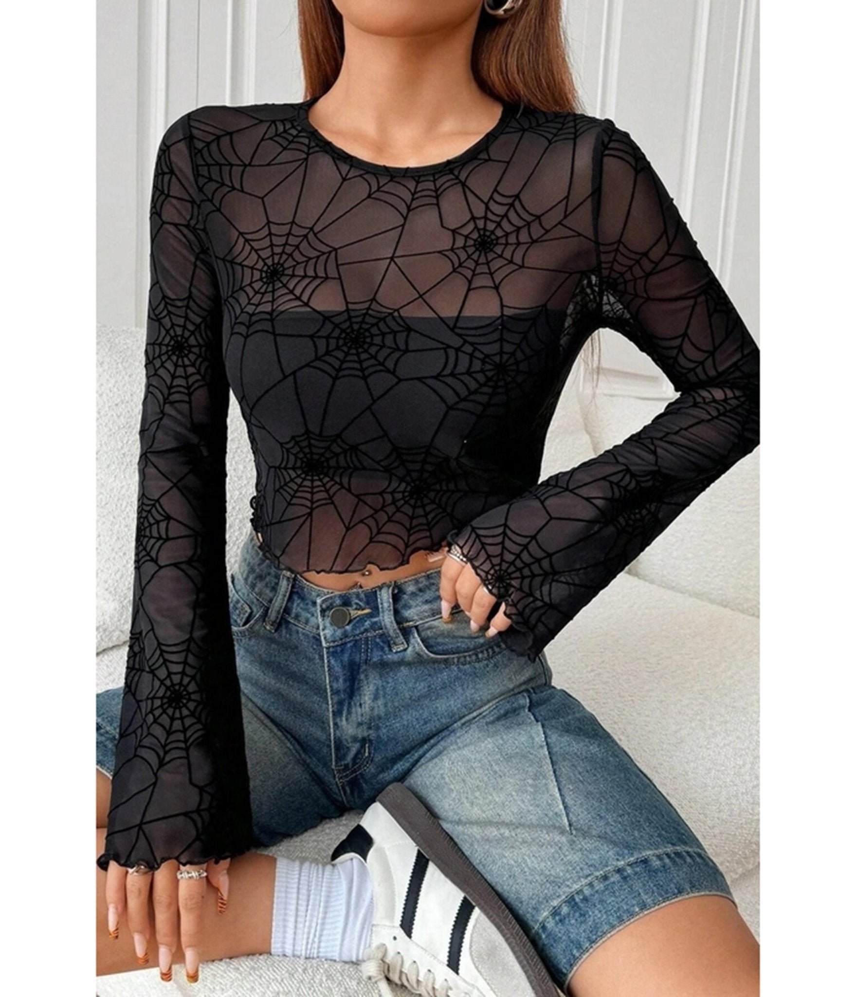 Black Spider Web Mesh Crop Top - Unique Vintage - Womens, TOPS, WOVEN TOPS