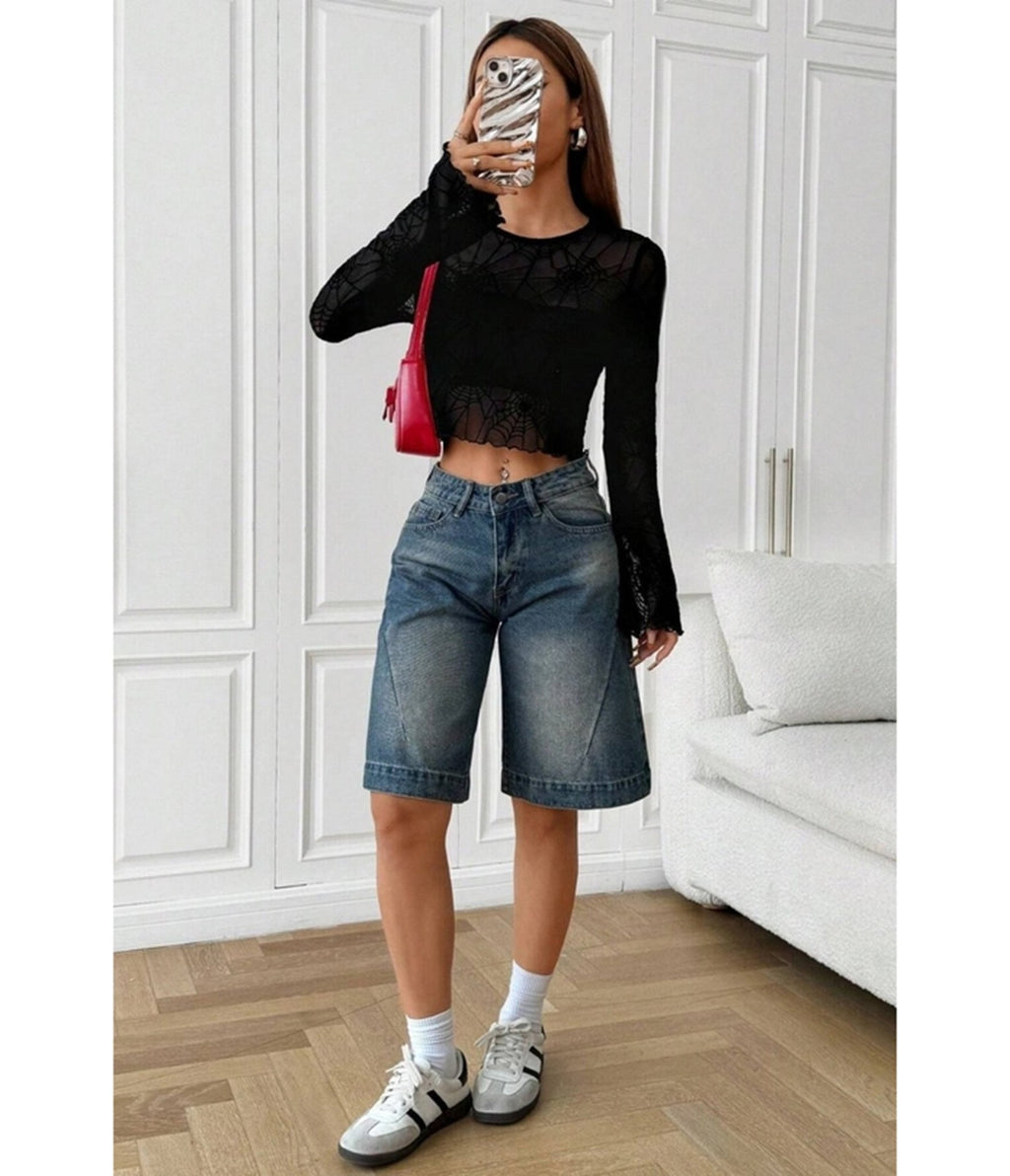 Black Spider Web Mesh Crop Top - Unique Vintage - Womens, TOPS, WOVEN TOPS