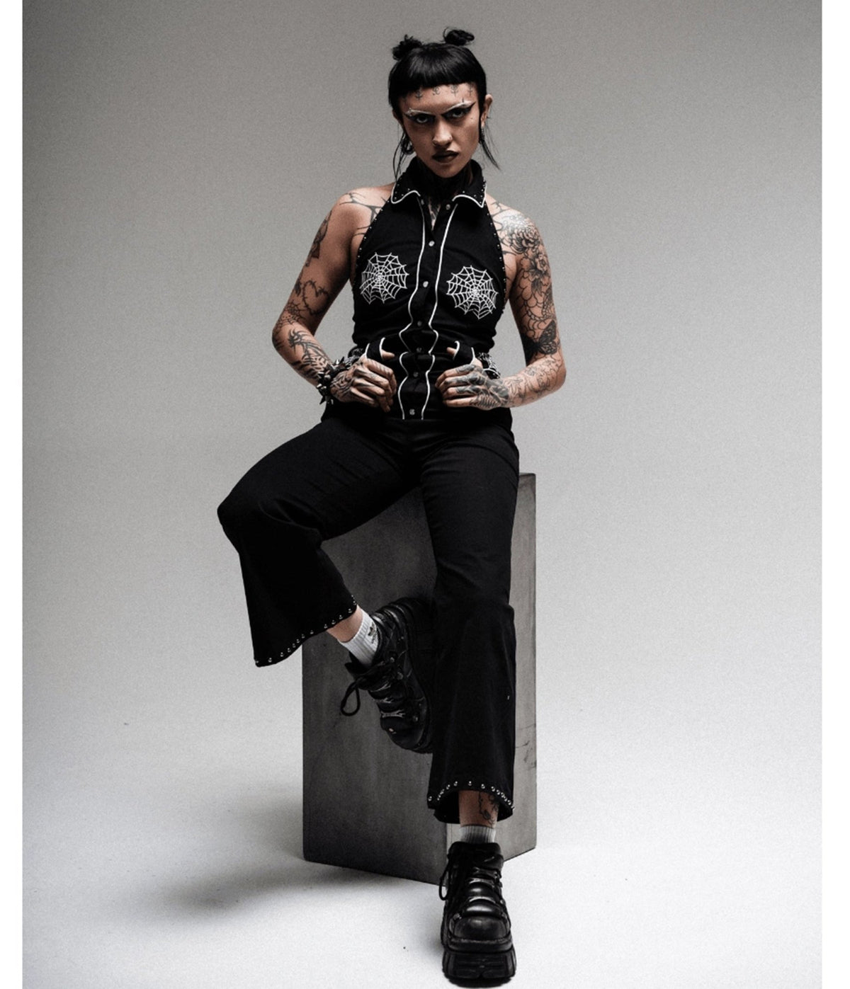 Black Spiderweb Embroidered Studded Western Jumpsuit - Unique Vintage - Womens, BOTTOMS, ROMPERS AND JUMPSUITS