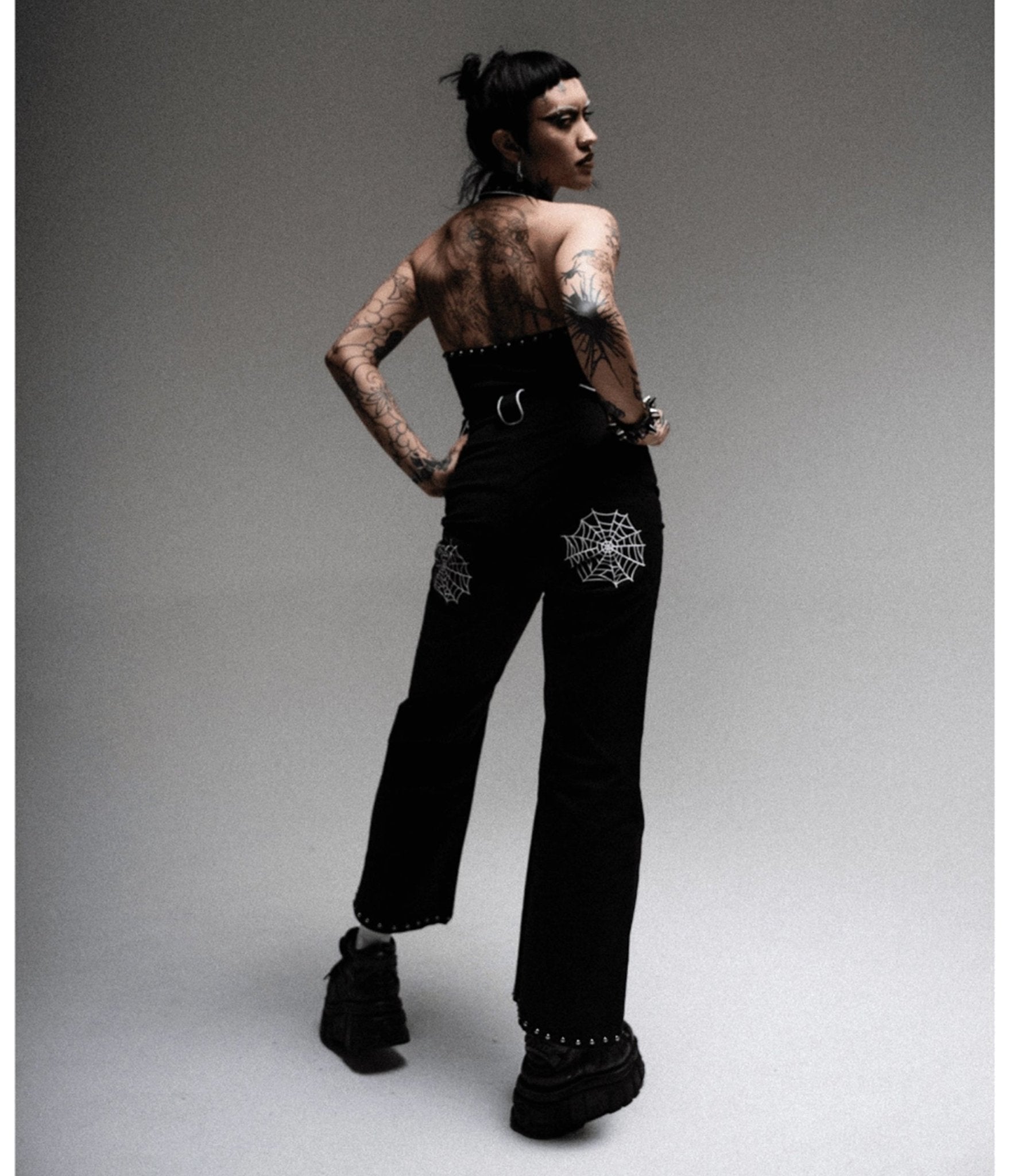 Black Spiderweb Embroidered Studded Western Jumpsuit – Unique Vintage