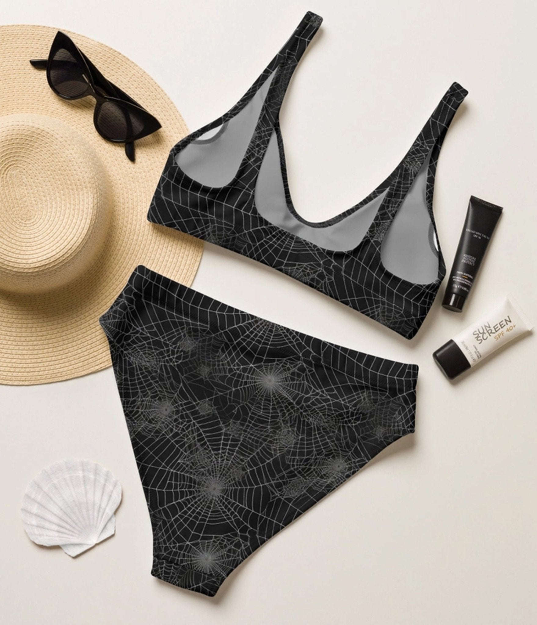 Black Spiderweb High Waist Swim Set - Unique Vintage - Womens, SWIM, 2 PC