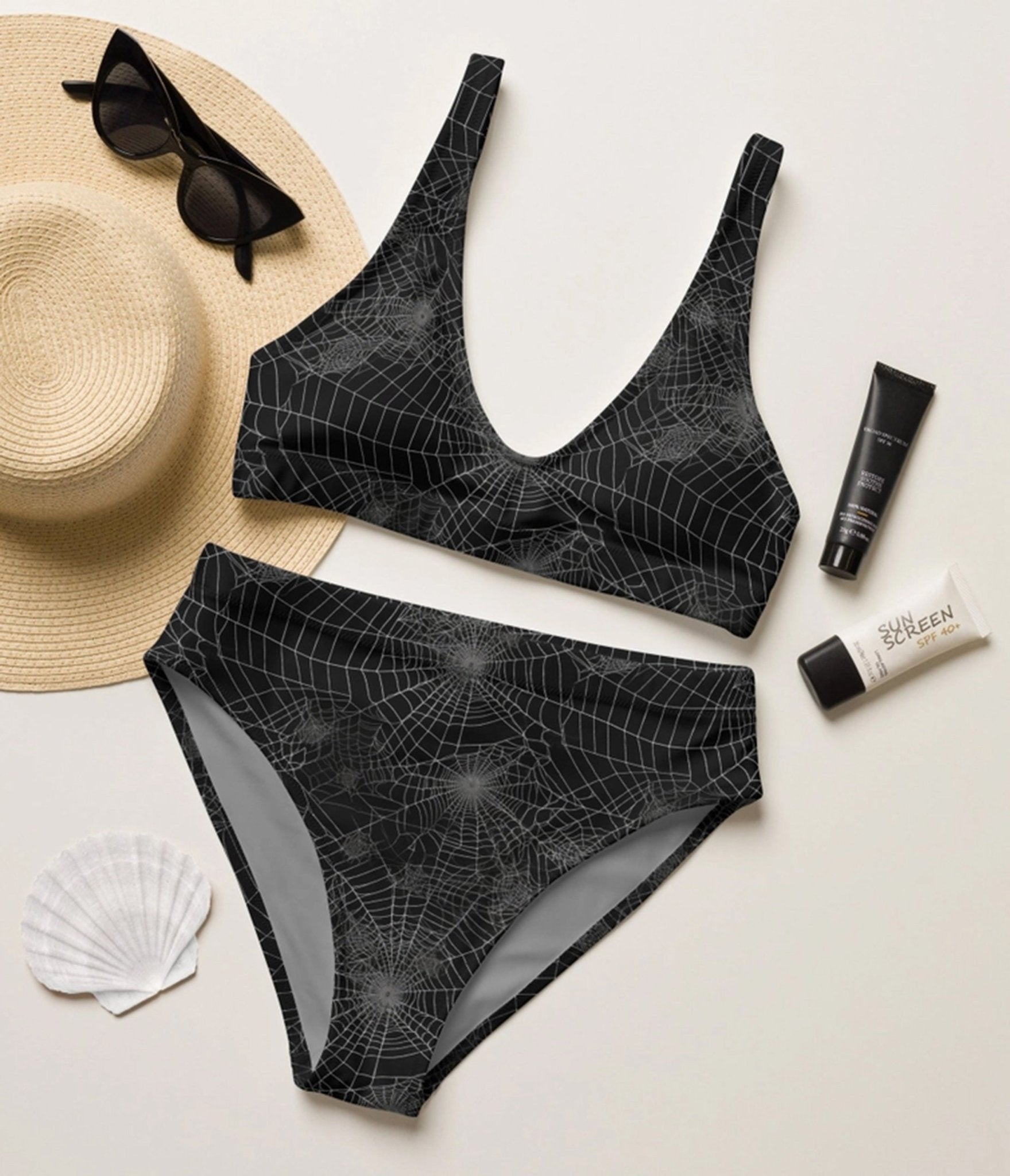 Black Spiderweb High Waist Swim Set - Unique Vintage - Womens, SWIM, 2 PC