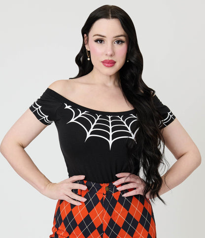 Black Spiderweb Off The Shoulder Top - Unique Vintage - Womens, TOPS, WOVEN TOPS