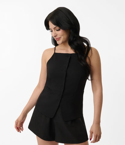 Black Straight Neck Button Up Tank Top - Unique Vintage - Womens, TOPS, SHIRTS