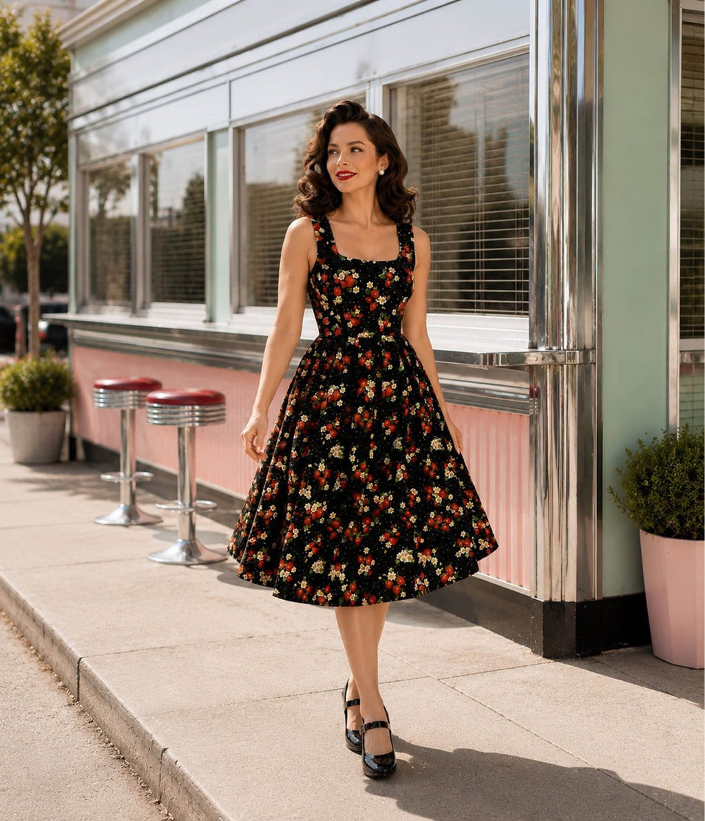 Black Strawberry & Polka Dot Print Ophelia Swing Dress - Unique Vintage - Womens, DRESSES, SWING