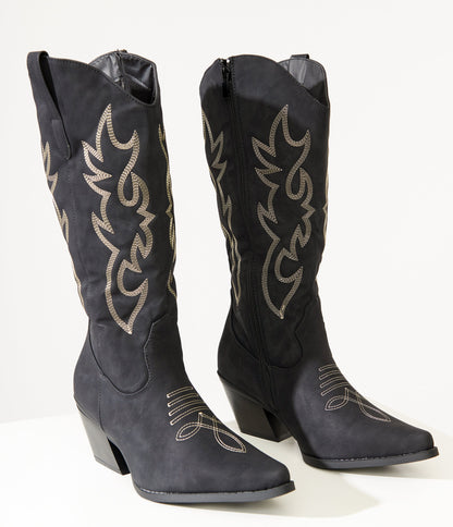 Black Suede Cowboy Boots - Unique Vintage - Womens, SHOES, BOOTS