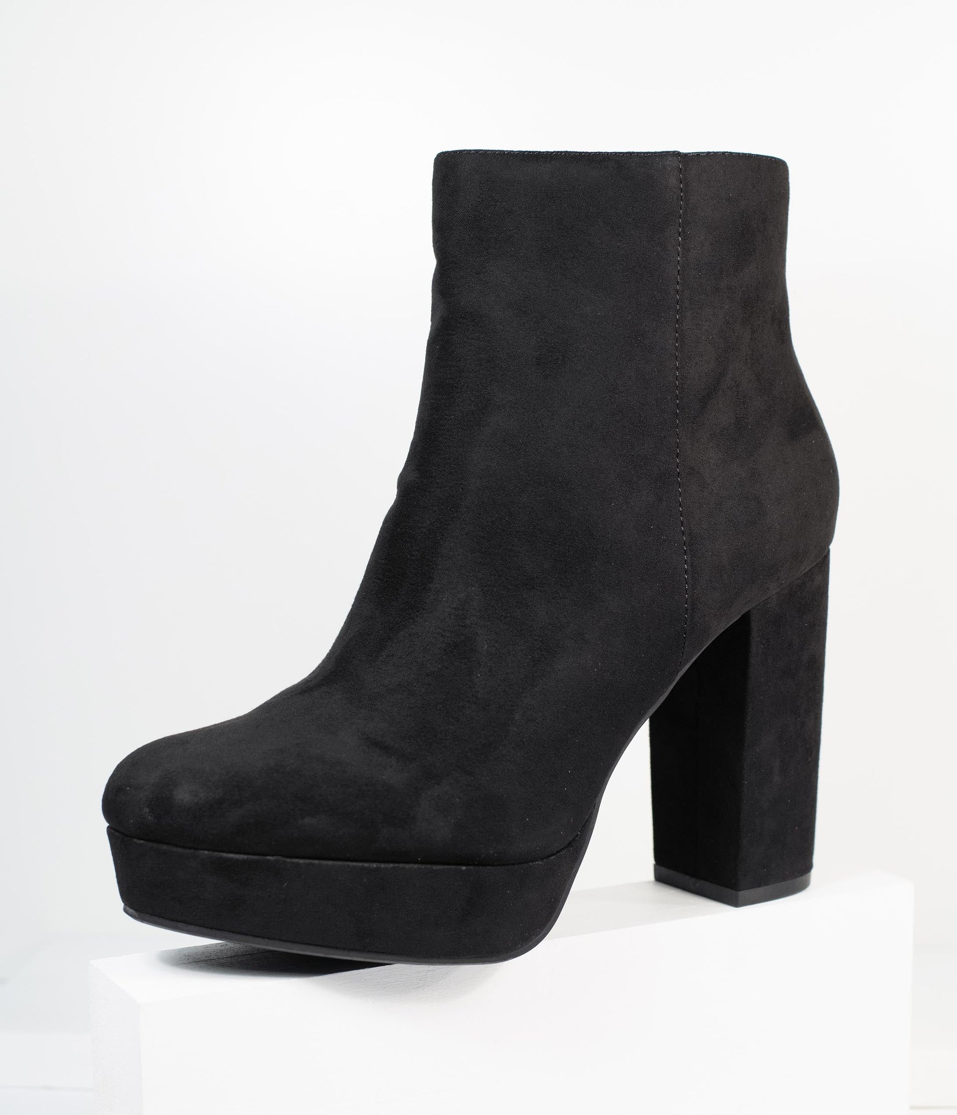 Black Suede Platform Heel Booties - Unique Vintage - Womens, SHOES, BOOTS