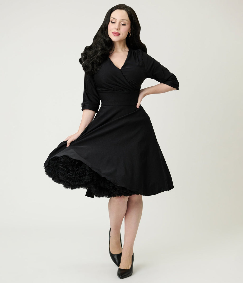 Black Surplice Neck Swing Dress - Unique Vintage - Womens, DRESSES, SWING