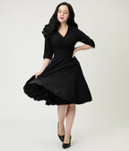 Black Surplice Neck Swing Dress - Unique Vintage - Womens, DRESSES, SWING