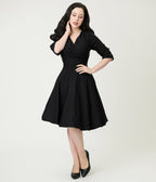 Black Surplice Neck Swing Dress - Unique Vintage - Womens, DRESSES, SWING