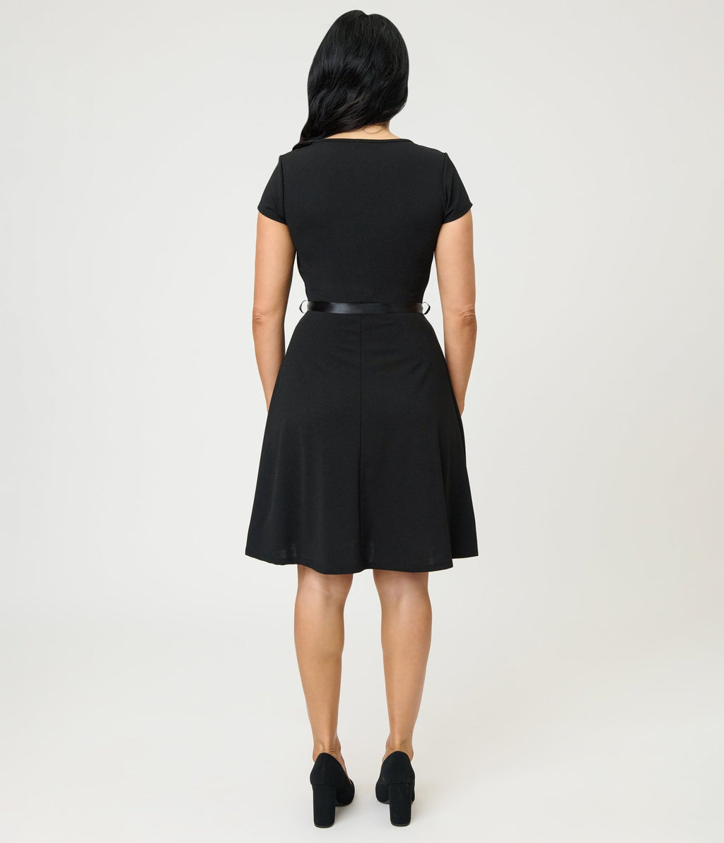 Black Swing Dress With Belt Trim - Unique Vintage - Womens, DRESSES, A - LINE