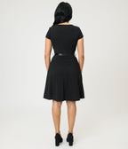 Black Swing Dress With Belt Trim - Unique Vintage - Womens, DRESSES, A - LINE