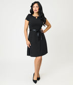 Black Swing Dress With Belt Trim - Unique Vintage - Womens, DRESSES, A - LINE