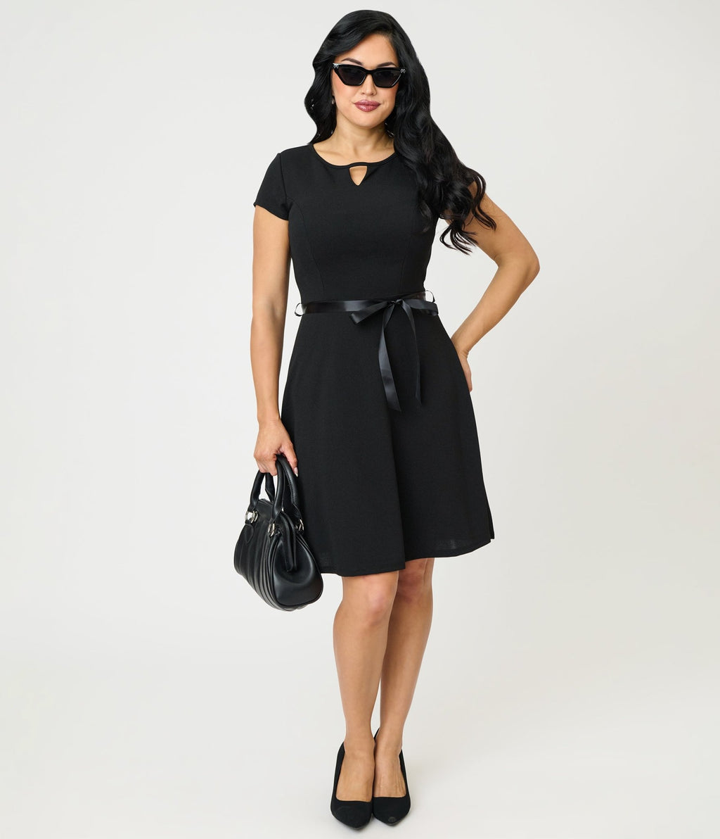 Black Swing Dress With Belt Trim - Unique Vintage - Womens, DRESSES, A - LINE