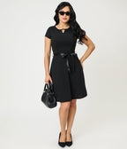 Black Swing Dress With Belt Trim - Unique Vintage - Womens, DRESSES, A - LINE