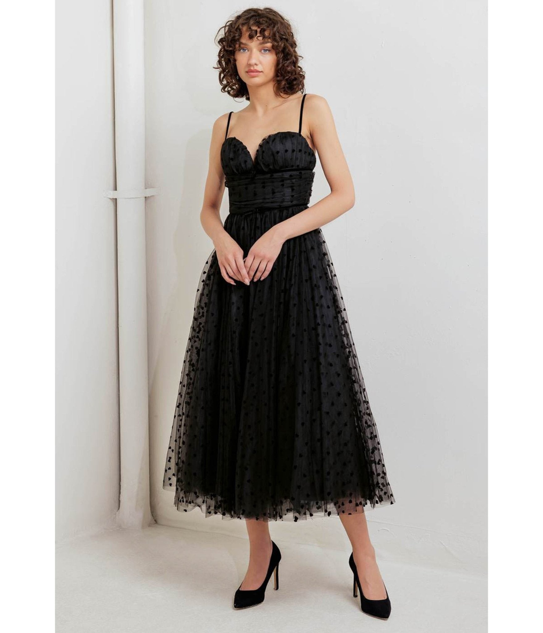 Black Swiss Dot Tulle Midi Dress - Unique Vintage - Womens, DRESSES, MIDI