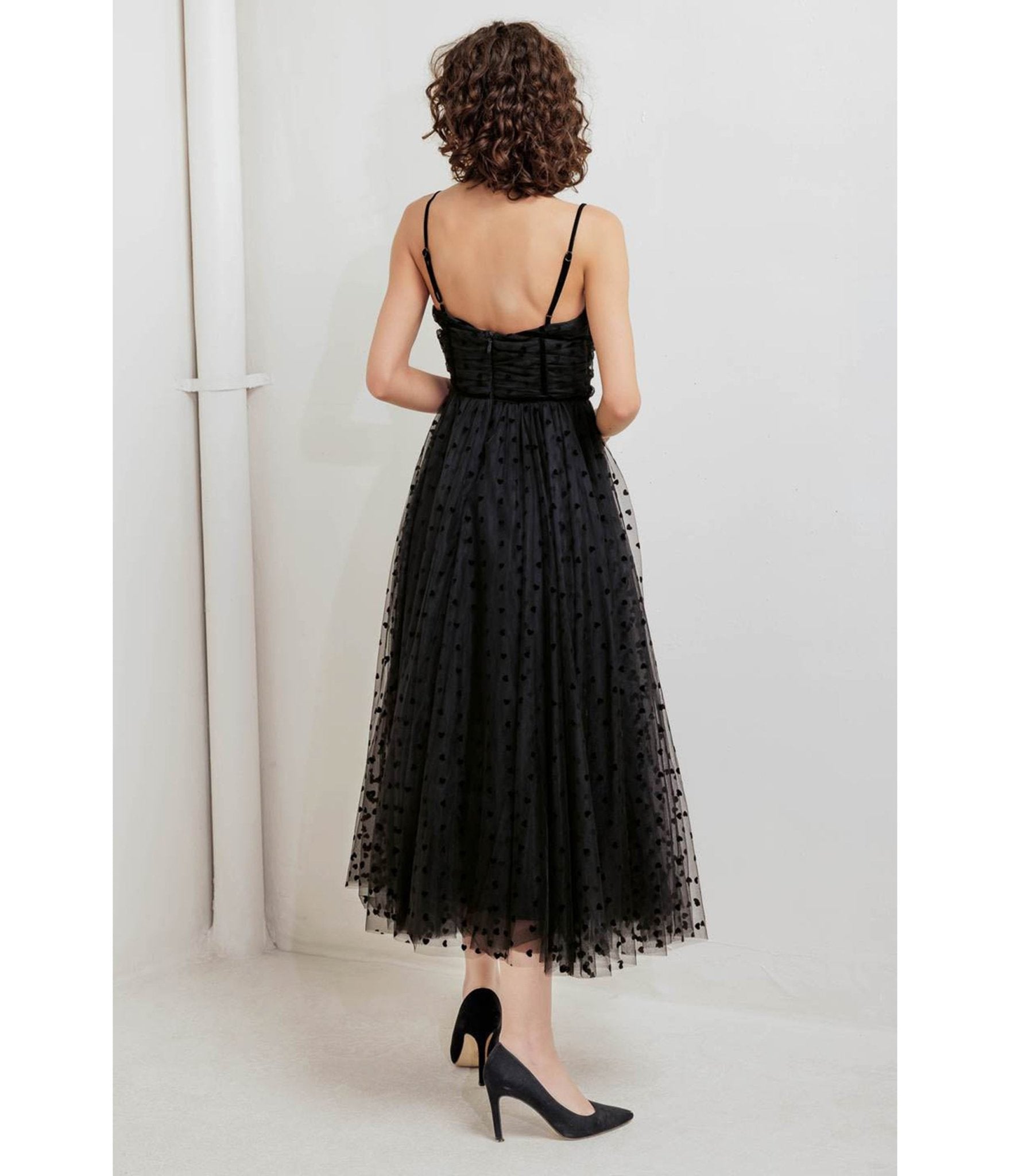 Black Swiss Dot Tulle Midi Dress - Unique Vintage - Womens, DRESSES, MIDI