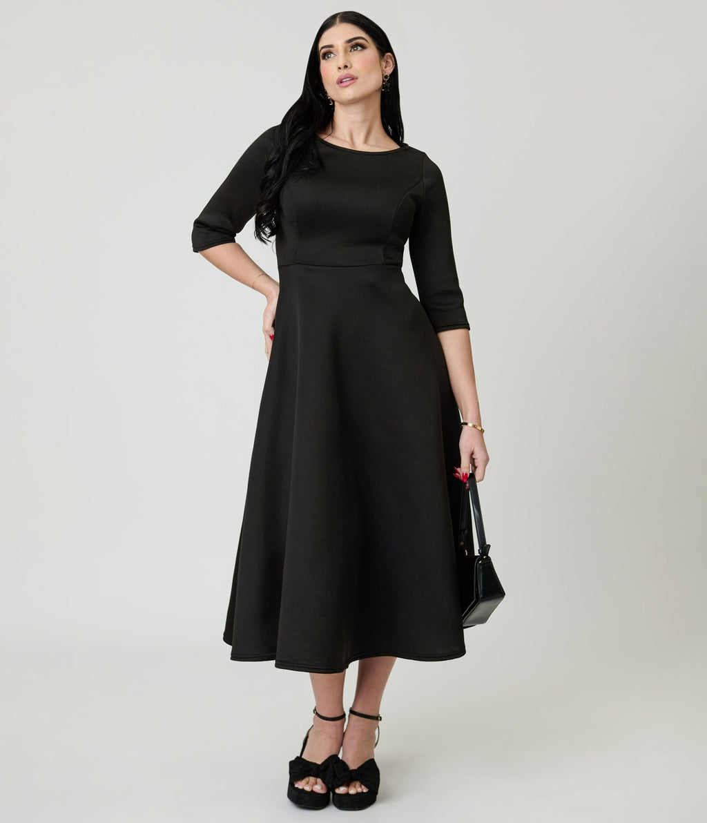 Black Three Quarter Length Sleeve Midi Dress - Unique Vintage - Womens, DRESSES, A - LINE