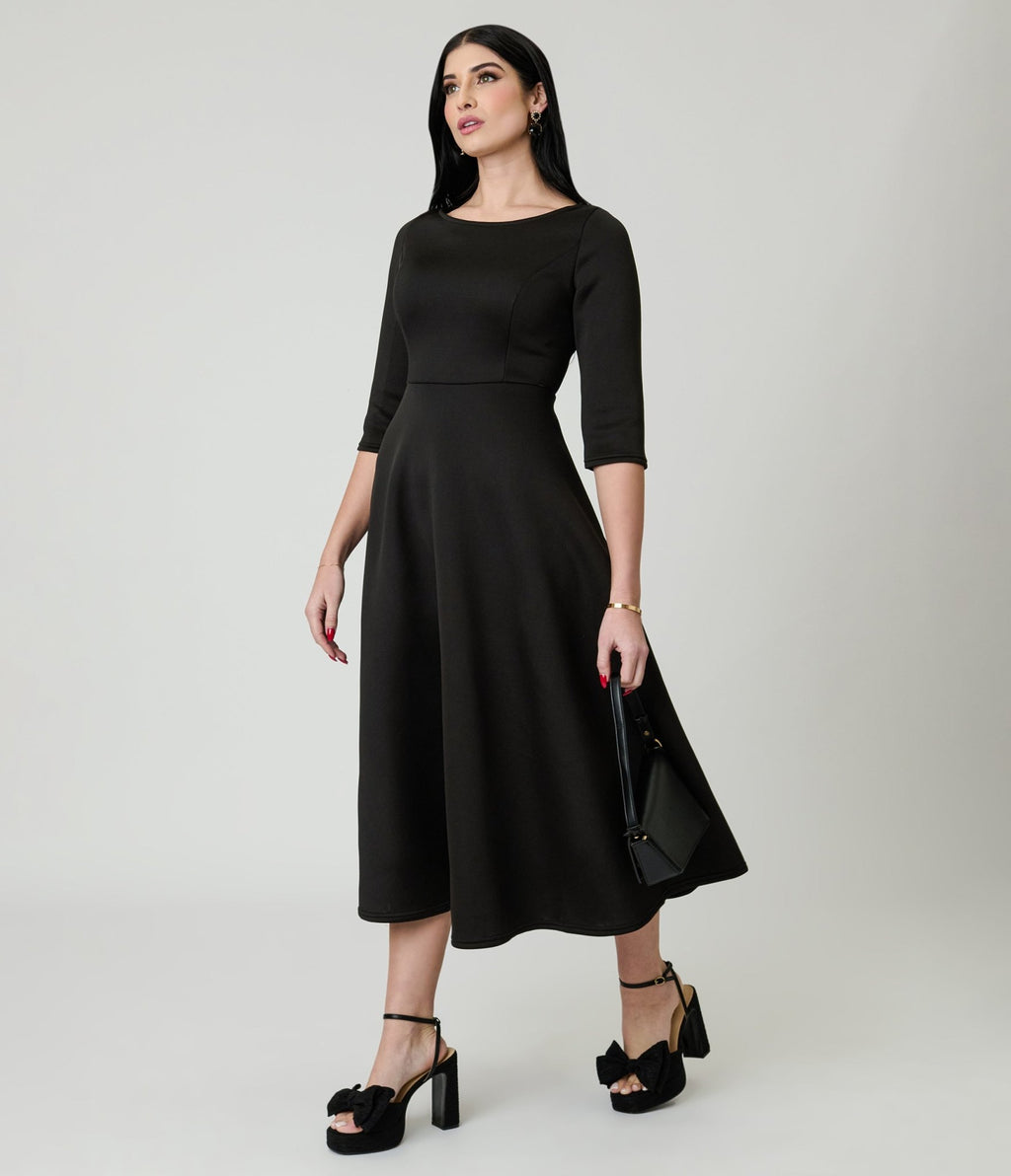 Black Three Quarter Length Sleeve Midi Dress - Unique Vintage - Womens, DRESSES, A - LINE