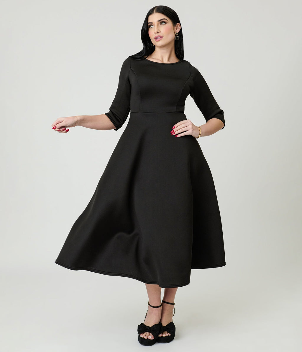Black Three Quarter Length Sleeve Midi Dress - Unique Vintage - Womens, DRESSES, A - LINE