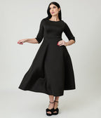 Black Three Quarter Length Sleeve Midi Dress - Unique Vintage - Womens, DRESSES, A - LINE