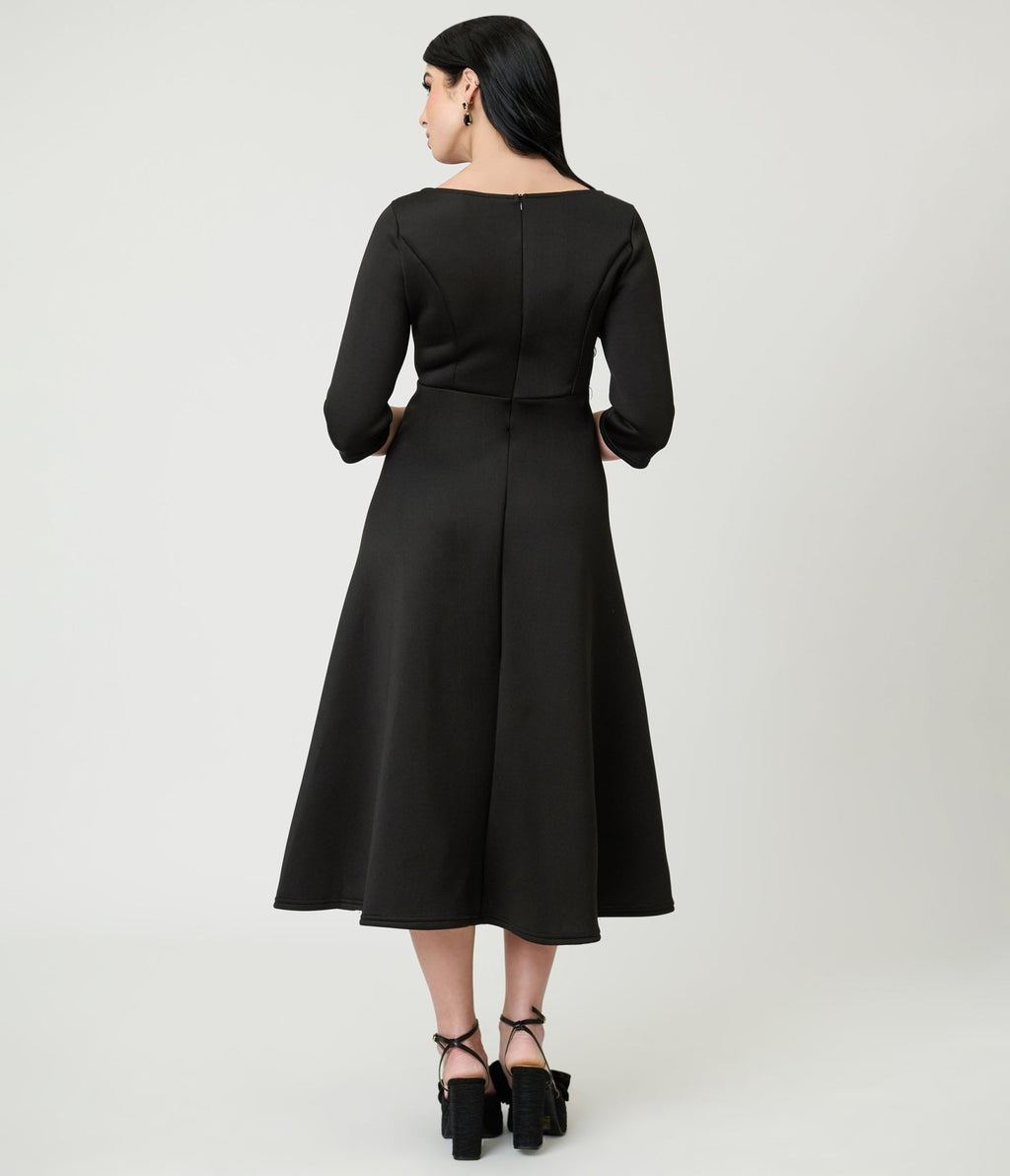 Black Three Quarter Length Sleeve Midi Dress - Unique Vintage - Womens, DRESSES, A - LINE