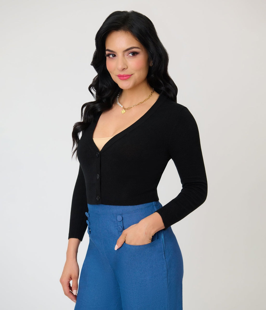 Black Three Quarter Sleeve Crop Cardigan - Unique Vintage - Womens, TOPS, SWEATERS