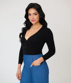 Black Three Quarter Sleeve Crop Cardigan - Unique Vintage - Womens, TOPS, SWEATERS