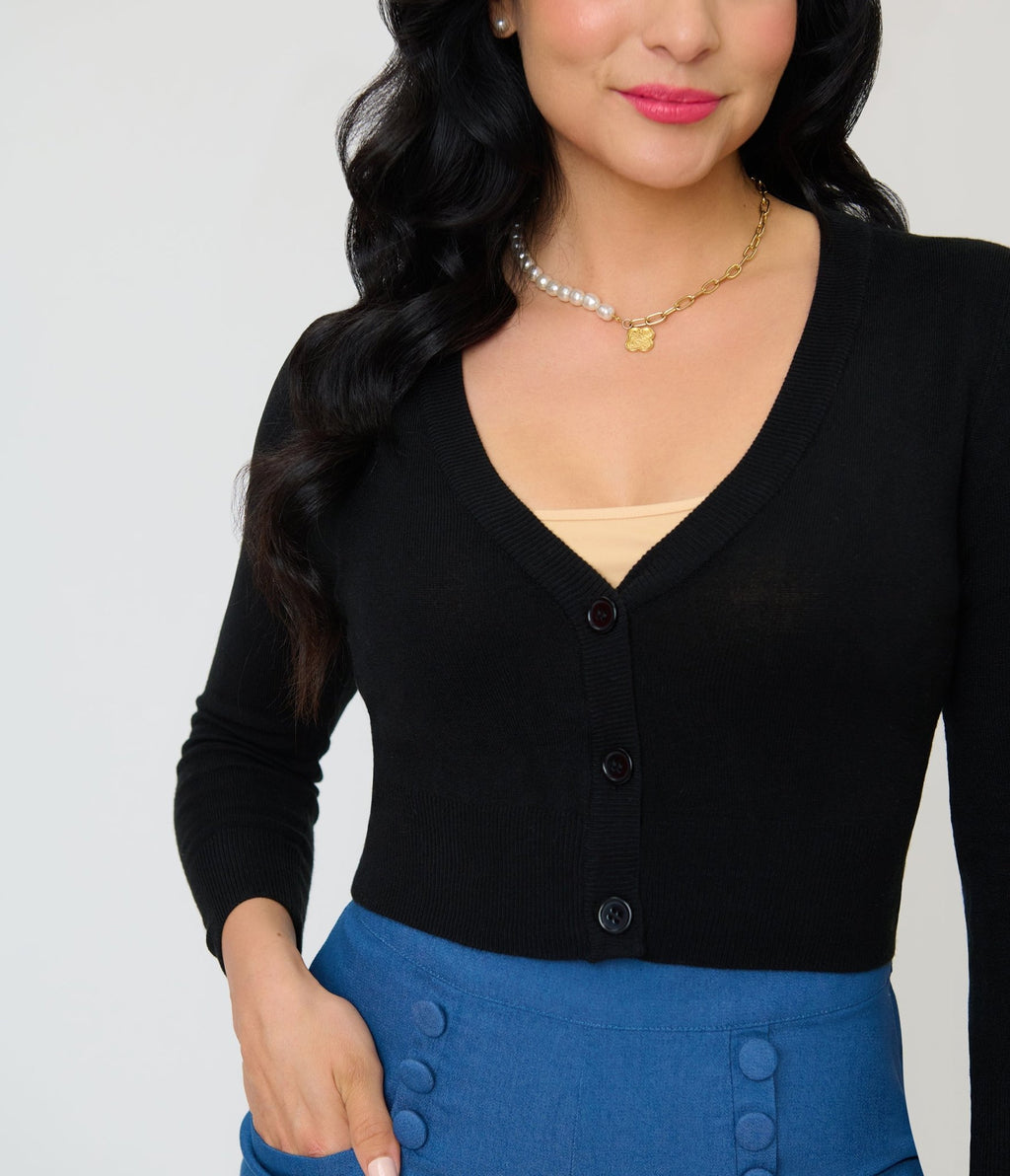 Black Three Quarter Sleeve Crop Cardigan - Unique Vintage - Womens, TOPS, SWEATERS