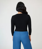 Black Three Quarter Sleeve Crop Cardigan - Unique Vintage - Womens, TOPS, SWEATERS