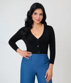 Black Three Quarter Sleeve Crop Cardigan - Unique Vintage - Womens, TOPS, SWEATERS