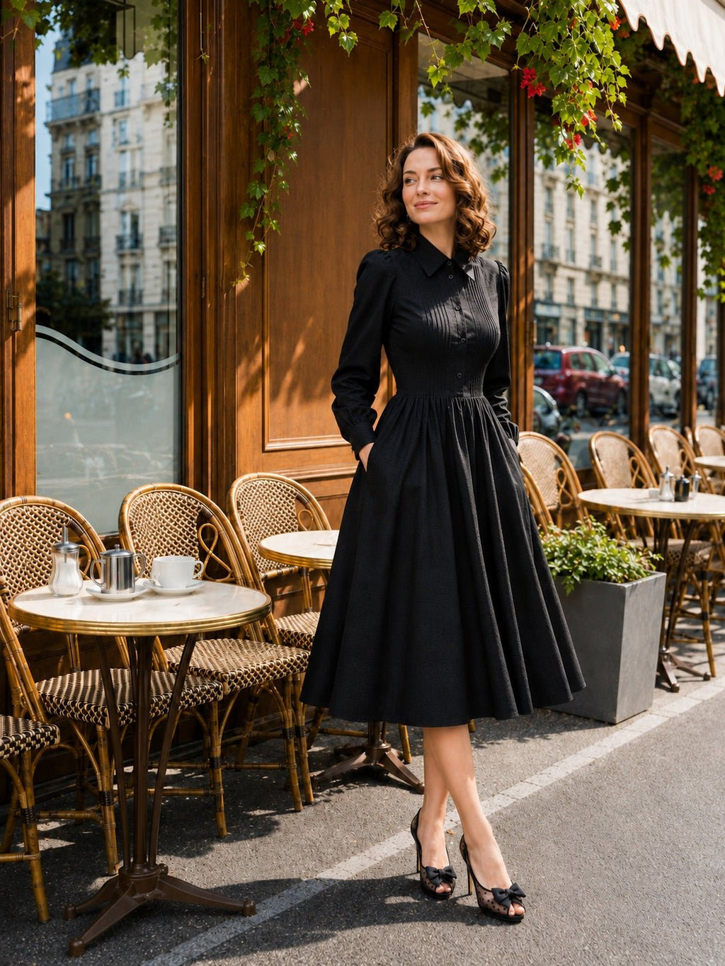 Black Three Quarter Sleeve Shirt Dress - Large