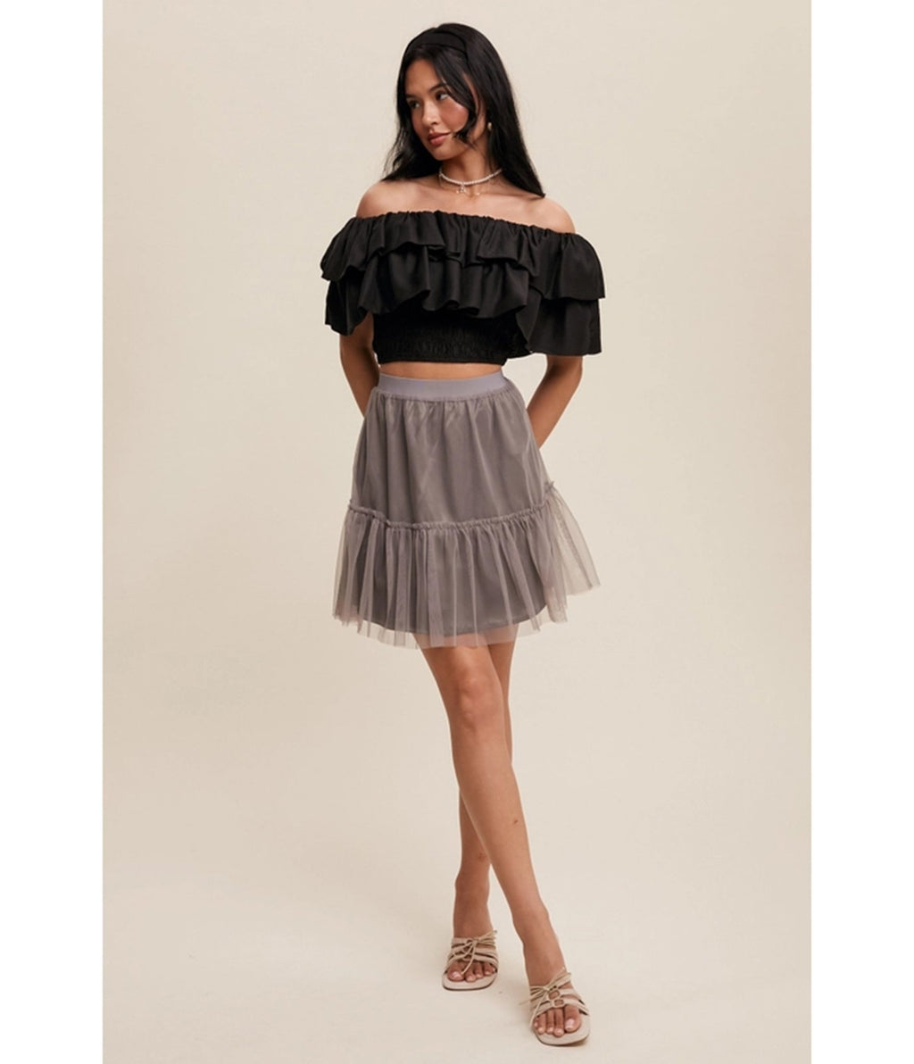Black Tiered Ruffle Smocked Crop Top - Unique Vintage - Womens, TOPS, SHIRTS