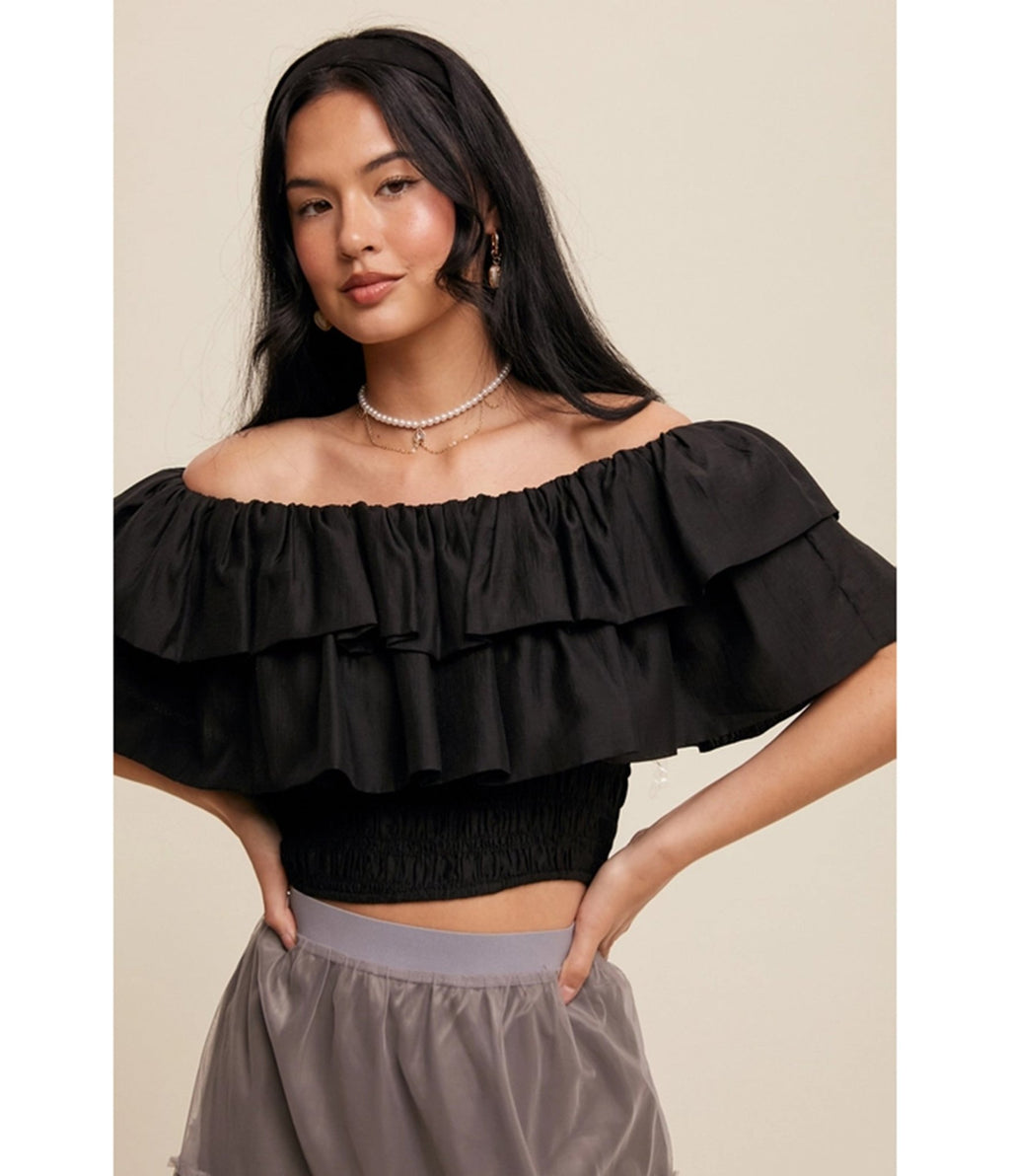 Black Tiered Ruffle Smocked Crop Top - Unique Vintage - Womens, TOPS, SHIRTS