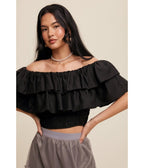 Black Tiered Ruffle Smocked Crop Top - Unique Vintage - Womens, TOPS, SHIRTS