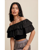 Black Tiered Ruffle Smocked Crop Top - Unique Vintage - Womens, TOPS, SHIRTS